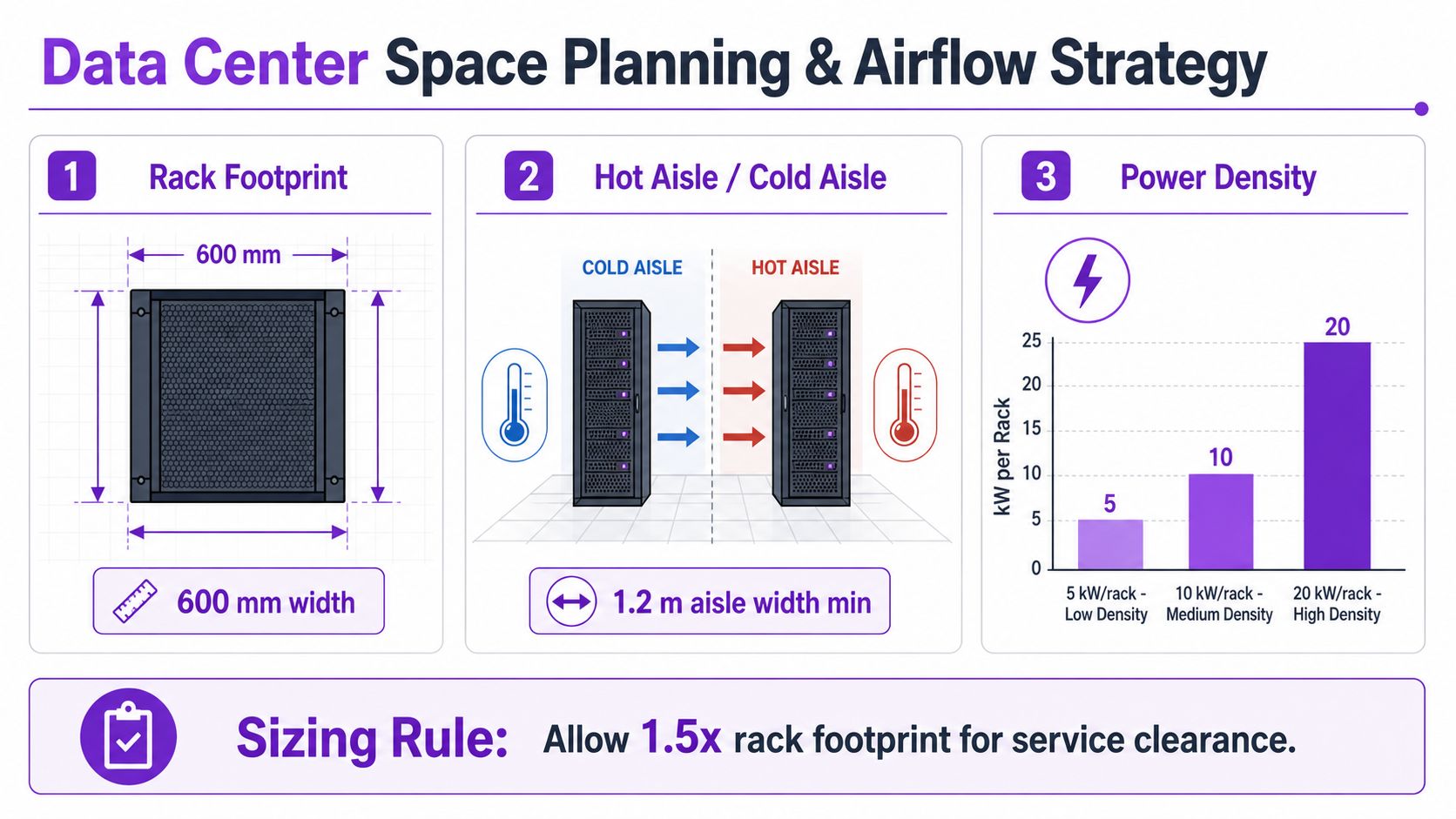 An infographic showing data center rack layout, including dimensions, airflow strategy, and power density classifications.