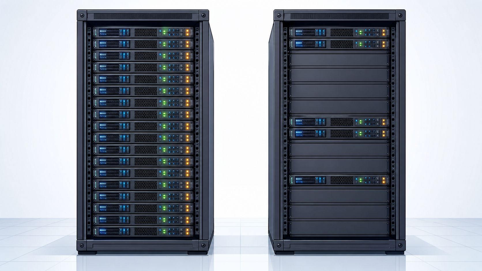 Two full-height black server racks filled with modular rack-mount server hardware against a white background.