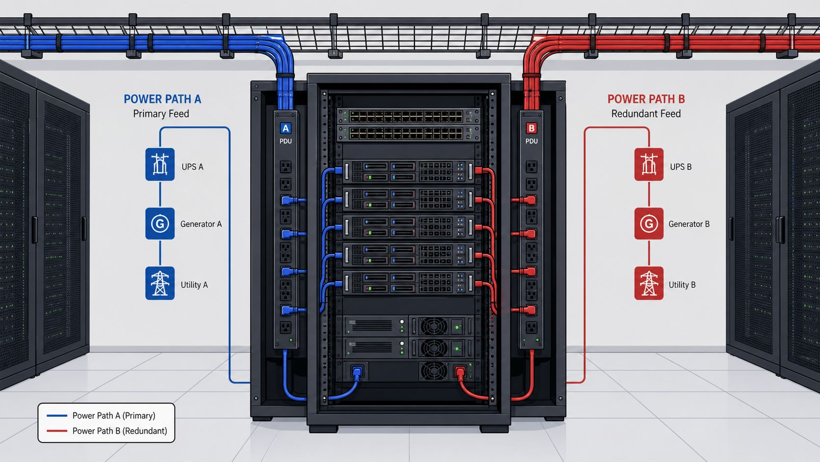 A diagram illustrating a server rack with redundant power paths labeled A and B for data center infrastructure.